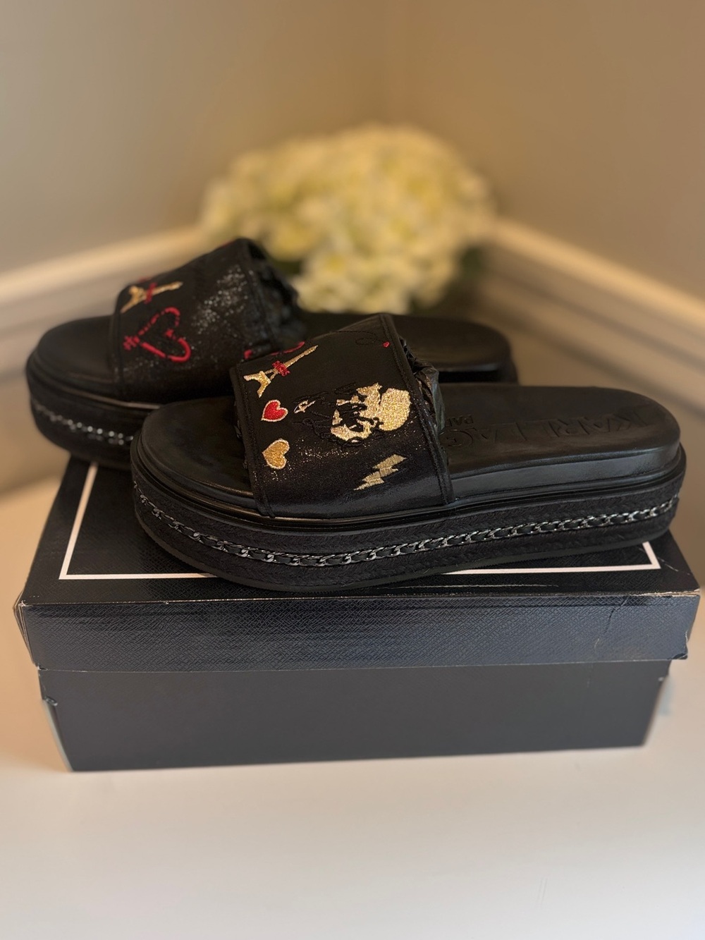 Black Embroidered Platform Slide Sandals - Women